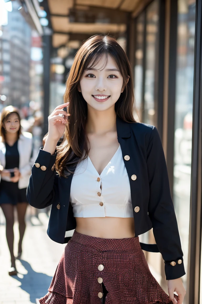 masterpiece、超High resolution、She is very cute and young like an idol..々A 20-year-old businesswoman with a cute face、Gentle and cute、A kind smile、A business jacket that shows off cleavage、Medium Bust、Business Mini Skirt、Walking on urban sidewalks　whole body、RAW Photos、Genuine、High resolution、live-action