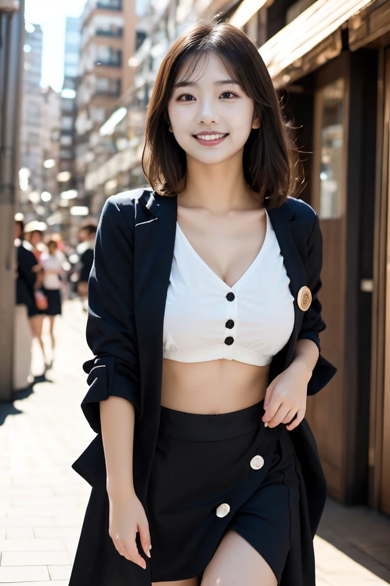 (8K、Raw photography、Highest quality、masterpiece:1.2),(Black Hair、Dark Eyes:1.9),(:1.6)、View your audience,Viewed from the front,White skin,(:1.3)、(Tight waist:1.6)、(Clothes that accentuate the shape of the breasts:1.0)、(Big Breasts :1.3)、Slim figure、Ultra-high resolution,beautiful,beautiful fece,(One person、No background:1.9),whole bodyボディー,Japanese women,(reality的:1.37)、Photon Mapping,reality、(Baby-faced and cute: 1.2)、(Cute Smile: 1.8)、(Round face: 1.8)、Radio City、Physically Based Rendering、Depth of field rally background、photograph, (I can see your knees、Thigh close-up:1.8),(:1.6),whole body、Great quality