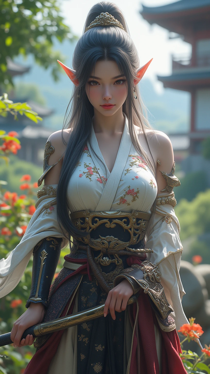 Best quality,masterpiece,ultra high res,(photorealistic:1.4),xiuxian,weapon,Detailed face, 1girl,solo,weapon,cleavage,(magic circle:1.2),xiuxian,upper body,Beautiful girl,full body,huge breasts,east asian architecture,sheath,architecture,