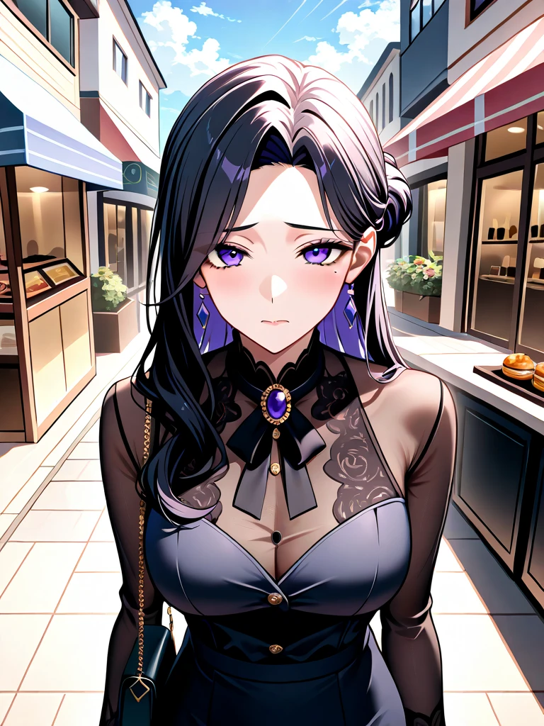 ((best quality)), ((masterpiece)), (detailed), 1girl, late 20s beautiful woman with bright (purple eyes) looking at viewer, smiling smugly, black sleeveless dress, two-tone hair, long wavy ombre hair ((black into white 1:2)), city background, from downwards, purple shawl, designer handbag, luxury