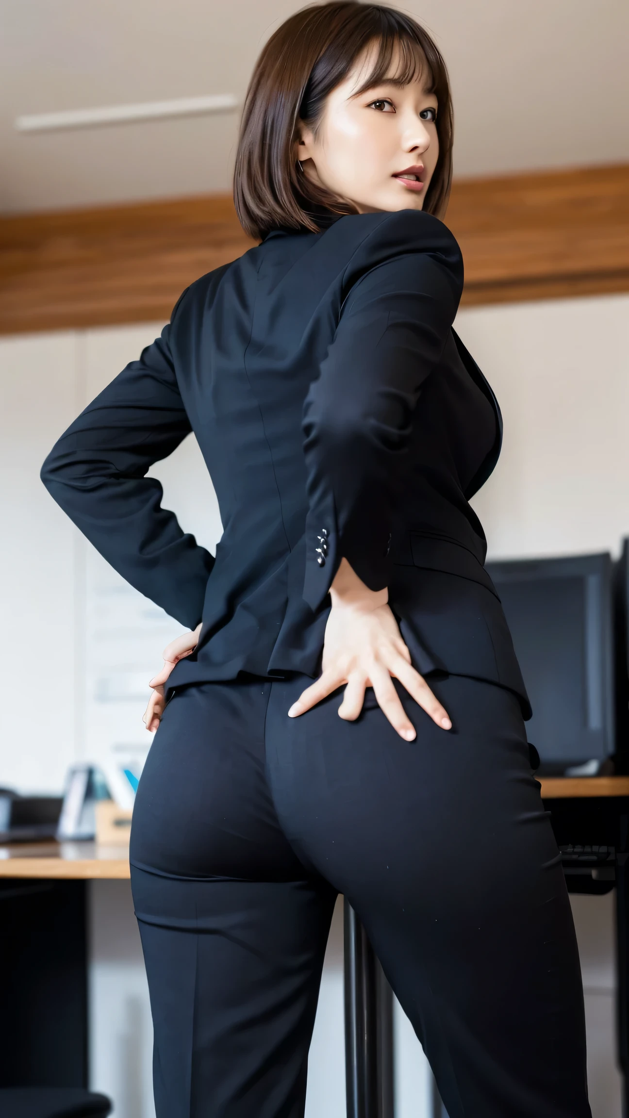 Ultra-realistic, 4k, 1girl, slim face, pretty face, cute eyes, skinny body, wearing white hijab, white chino pants, tight long sleeve classic buttoned shirt, white heels, nervous facial expressions, very sweaty, both hands on ass, in office, near the office chair, dirty office chair, dirty pants, dirty clothes, sweaty clothes, (((make the whole image filthy and dirty))), (((mud overflowing from pants))), stinky atmosphere, filthy atmosphere, mud on pants, disgusting office, too much mud on pants