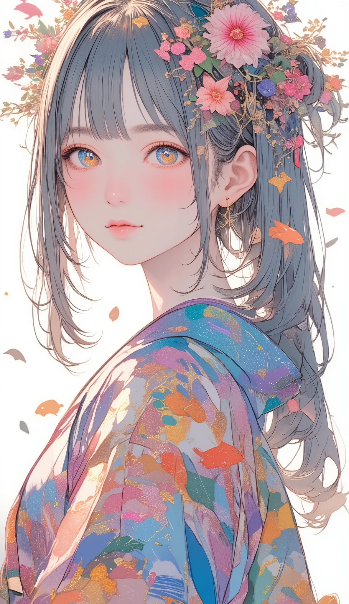 beautiful milky glass body 、 bangs with lots of flowers 、 A cute and beautiful Japanese woman's design that converges with kimonos and hairstyles 、 The colorful paint flowing out of the atmosphere converges into kimonos and hairstyles and gathers women、Converges to the shape of a kimono or hair 、 Colourful fish swimming in the air、 Mesmerizing the viewer 、 White background