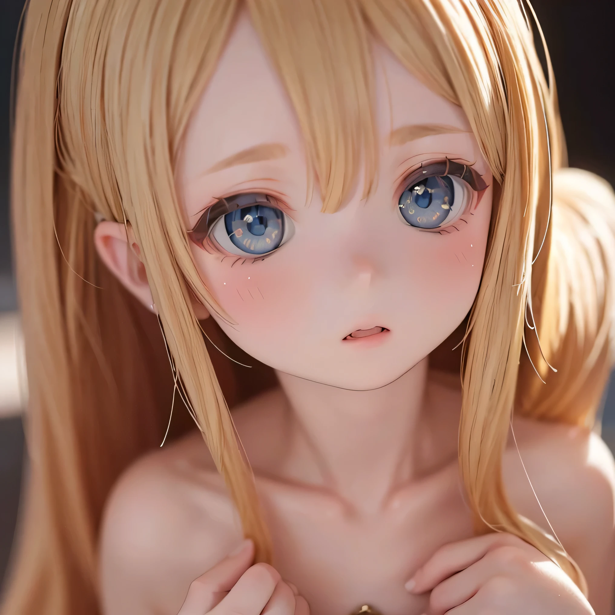 blondes, ( Top Quality,4K,8k, high resolution, Masterpiece:1.2), Super Detail,( exist,photo exist,photo- exist:1.37), , long blonde hair , beautiful detailed eyes , Beautifully Detailed Lips , very elaborate face , long eyelashes,, studio lighting , soft and warm color , cinematic lights with nutella , Dramatic Lighting, chiaroscuro、 topless、((((( Chest)))))、Bust up a naked Japanese woman who looks like an idol