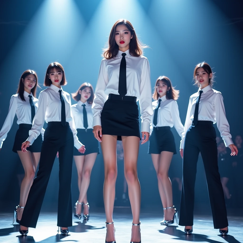 Conform to the composition，Full body picture，In a crowded meeting room， Sexy，downstream，Exposed woman with heavy makeup，穿着Sexy的紧身职业装，Wearing a collar，Big earrings，Wearing a miniskirt，High heel，，Dancing on the podium，Kiss，Hyperrealistic style，High Saturation，A sense of contrast