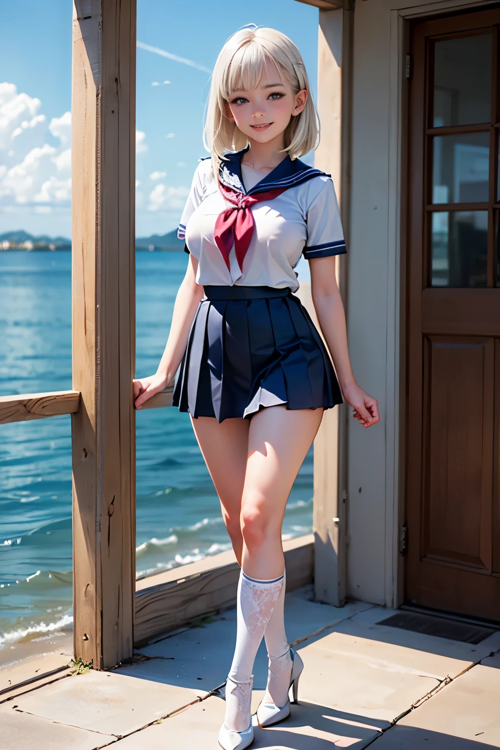 (masterpiece, highest quality, 8K), (live-action)，pretty Russian nude girl with light blue eyes spreading own legs completely with right blonde short hair, vagina, smiling, raising own arms, hands are bound with rope, opening her labia majora, dildo is inserted in her ass, Wearing a sailor uniform on own shoulder, on the toilet bowl, square face, big boob, taking a shower, soaking wet