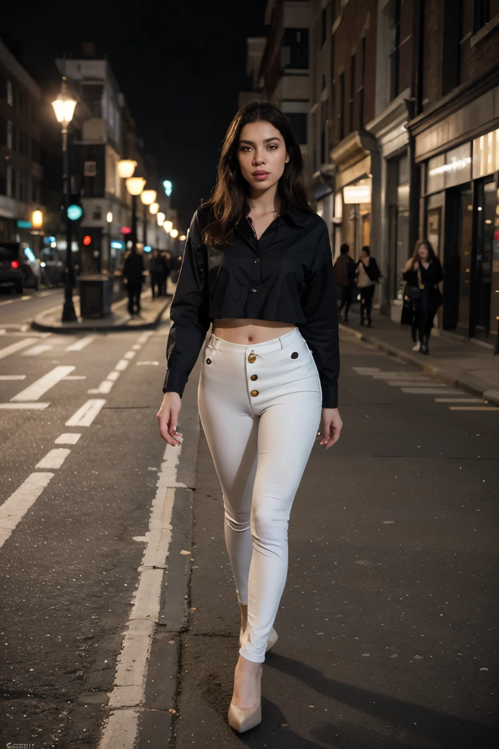 8K分辨率,Tall beautiful woman in light gray tight silk pants,The shirt,Small white shoes,Full boobs and fat buttocks,Long legs,The butt is wide and big,Slightly chubby body,Pear-shaped body,Fat ,Frontal photo,At night by the river