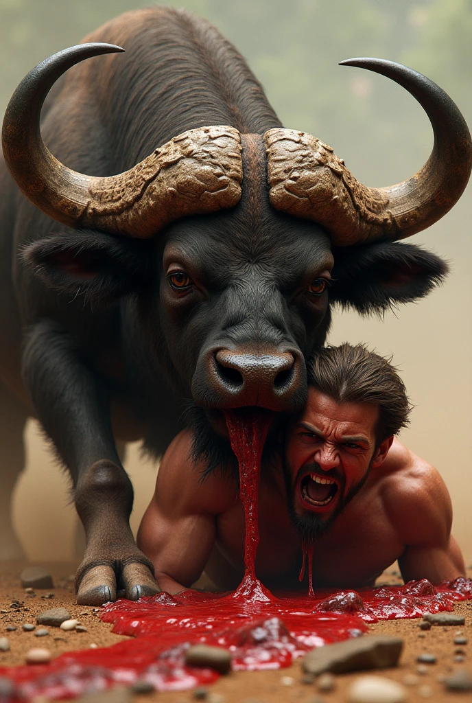 Theseus tired, sitting on the head of defeated minotaur (he is a half man half bull) with blood