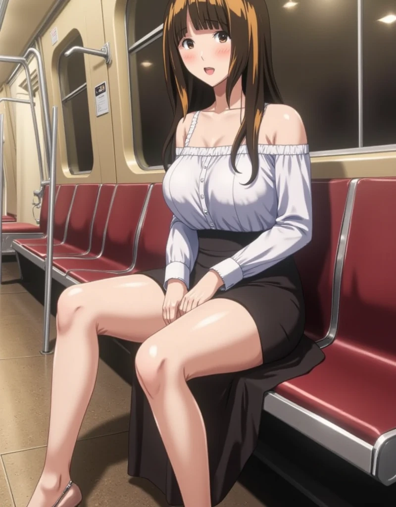 official 2d anime、((amagami))Best Quality, masutepiece, 超A high resolution, Officelady、Eme、age 30s、Long black hair straight、shairband、beauty legs、Gray office suit、Legs thin、small tits、Grey tight mini skirt、pantyhose.Sitting on a train chair、Slimed、White lace panties、high-heels、Light blue shirt、White collar shirt。Open the front of the shirt、White lace bra interview