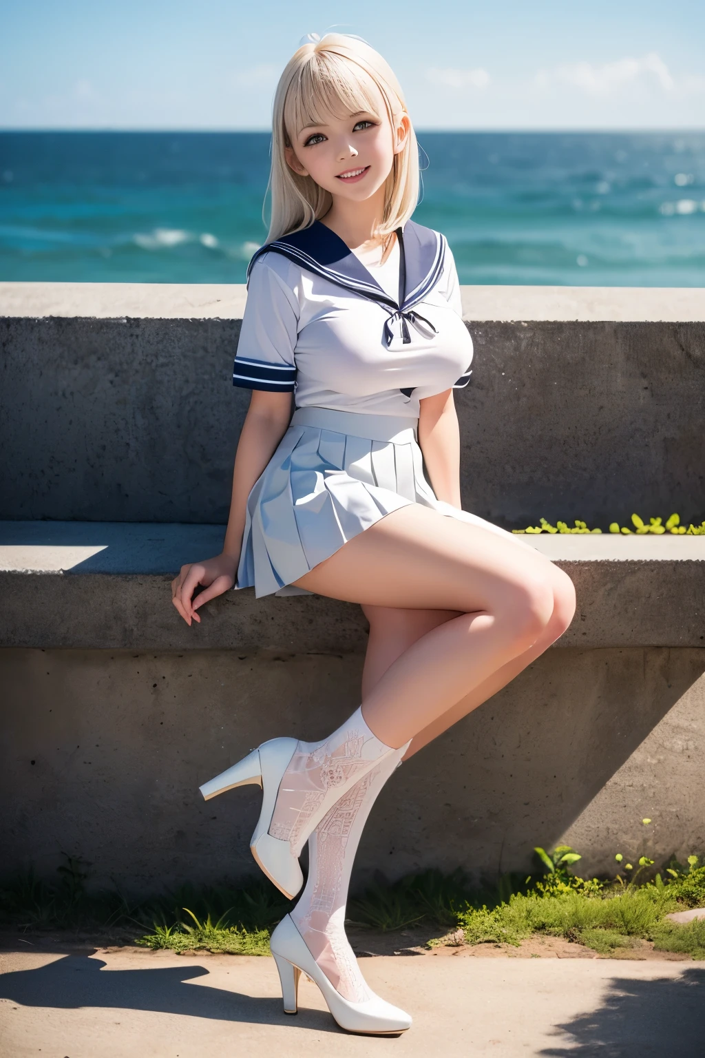 1 girl, sky, sea, laugh, medium breasts, white stockings, sailor suit, white hair, smile, ray tracing, best quality, masterpiece, uhd, anatomically correct, textured skin, high detail
