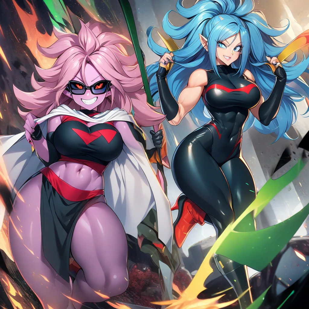 Supersayajin Ultra woman, diamond gradient pink hair, red eyes with black outlines and painted around the eyes, large eyelashes, red gradient clothing with black dragon tatoon print, half open mouth, fighting with the yellow haired supersayajin, lots of fury against enemy, scenery in heaven and earth destroying everything