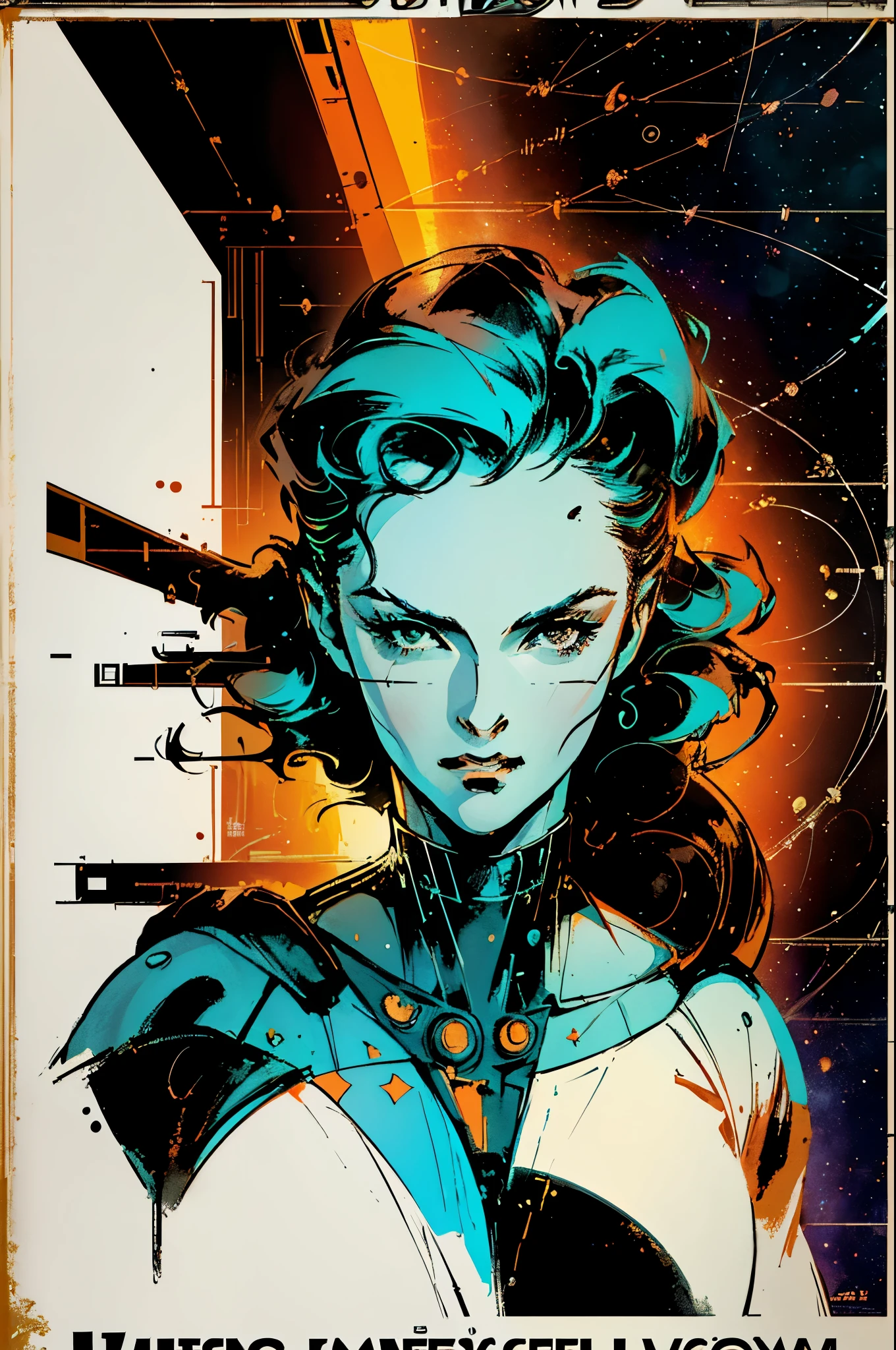(((masterpiece,best quality))),32K Wallpaper,((( very detailed poster))),retro vintage,sci-fi,(((space thriller cinematic movie poster))),(((Bauhaus))),(((mid-century modern))),(((unbelievable astronomy))),(solo1girl :1.2)