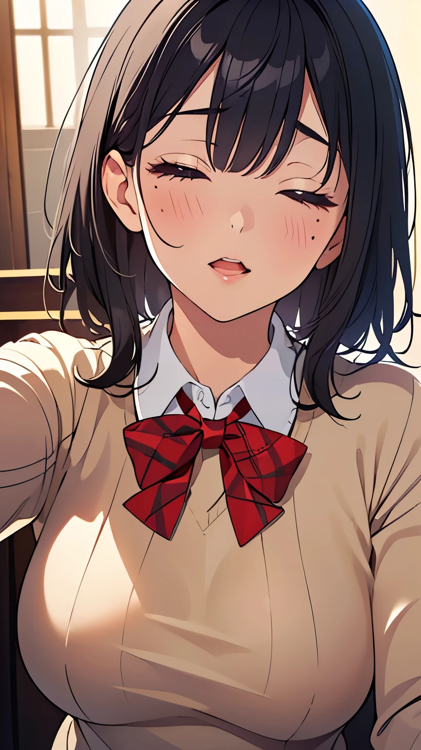 ( Masterpiece:1.6),(Best quality 1.6), (Ultra High Resolution 1.2, Expiration Ratio,( with dark hair:1), ( black hair:1),( beautiful big breasts:1.3), (美しいwoman:1.4),woman,( medium hair :1.2), moles around the mouth,(:1.2),(Kissing Face:1), Ready to kiss,( sexual ecstasy face:1.4) ,( excited:1.4),( embarrassing:1.4),(Squint your eyes:1.4), ( sweated:1.2), closed eyes,( beige v-neck sweater:1.1),( 1 uniform .1), red plaid bow tie, ( Upper Body Shots :1.3), Shoot from the front ,close-up, ( viewers:1.4)