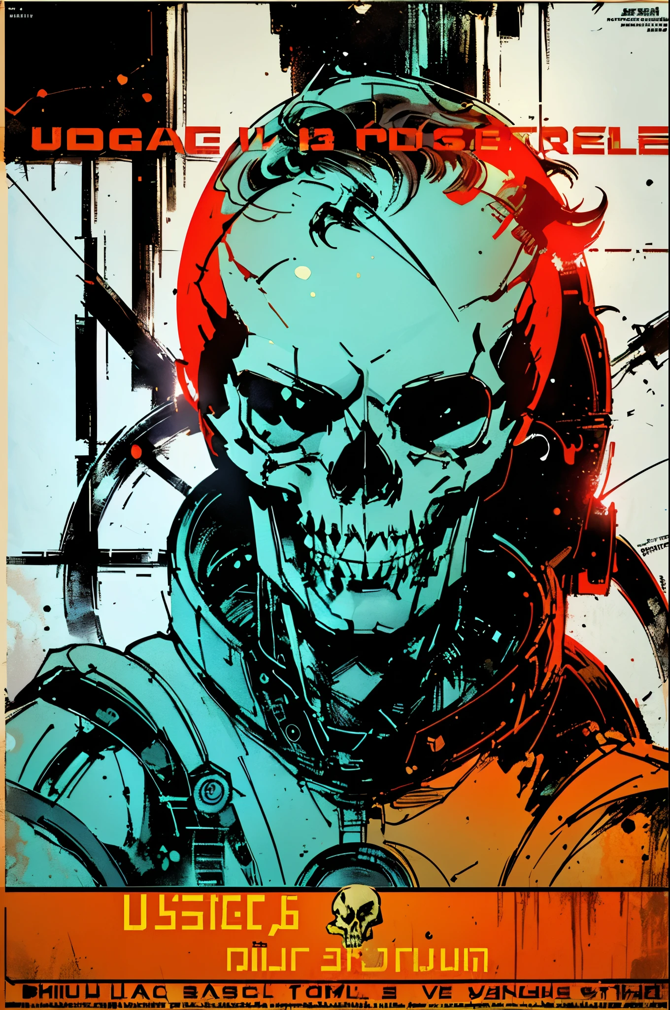 (((masterpiece,best quality))),32K Wallpaper,((( very detailed poster))),retro vintage,sci-fi,(((space thriller cinematic movie poster))),(((Bauhaus))),(((mid-century modern))),(((undefeated skull))),(solo1girl :1.2)