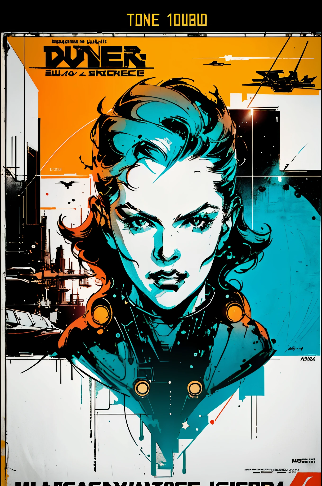 (((masterpiece,best quality))),32K Wallpaper,((( very detailed poster))),retro vintage,sci-fi,(((space thriller cinematic movie poster))),(((Bauhaus))),(((mid-century modern))),(((unlimited duo tone))),(solo1girl :1.2)