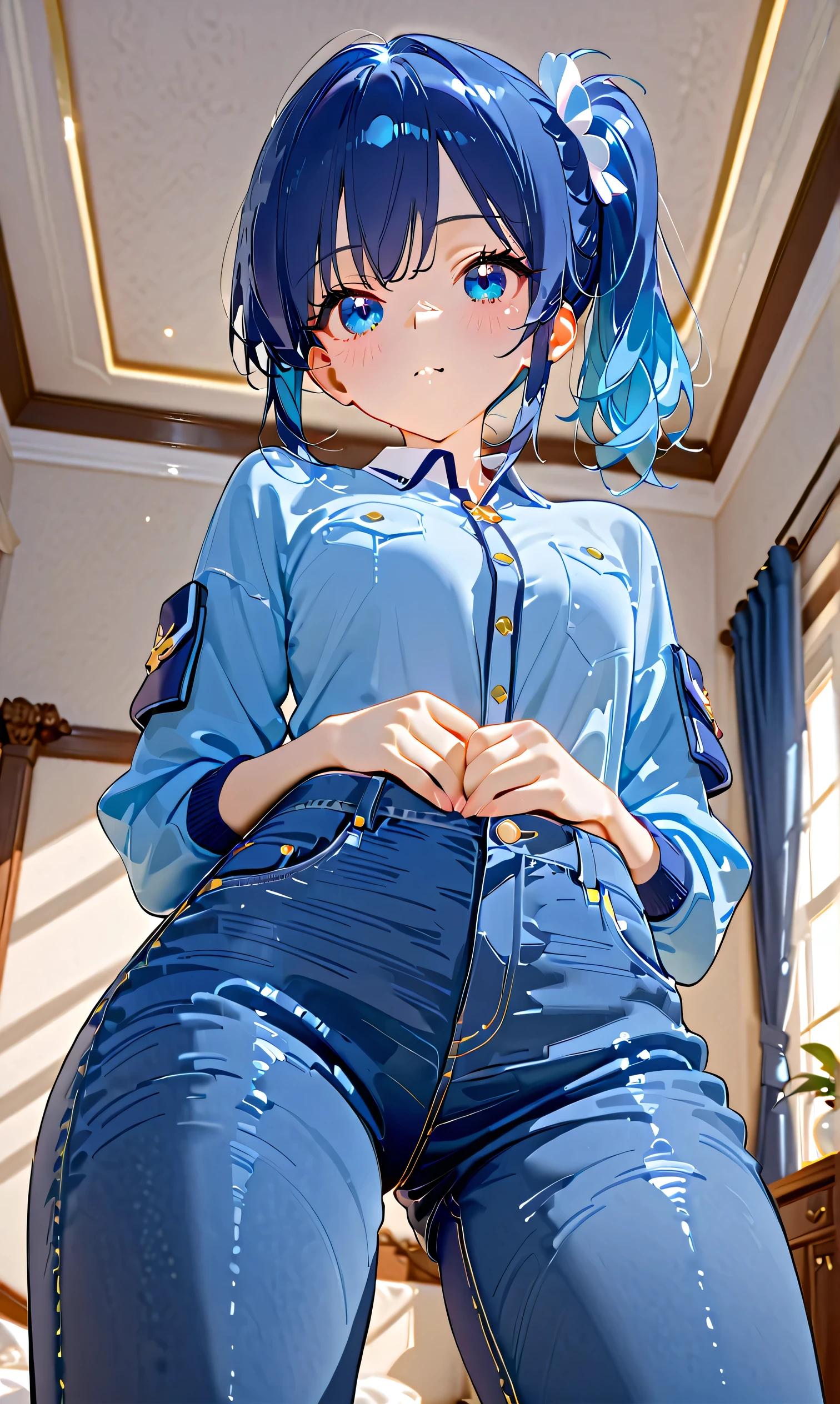 , blue hair, side ponytail, (masterpiece, highest quality, high definition, ultra-definition, high resolution, absurd, 4K, 8K:1.2), (official art, highly detailed illustrations, high detailed CG, detailed background, Cinematic lighting, dynamic angles, perfect hands, detailed shiny skin, fine hair, fine eyes) (highly detailed cute li face, beautiful face) (highly detailed) (three-dimensional depiction) BREAK,,One girl,(:1.4),Solo focus,Back view,(From bottom:1.4),Blush,,(Denim pants:1.2),Lowering the zipper of denim pants to show panties. ,(Bedroom),Indoor,