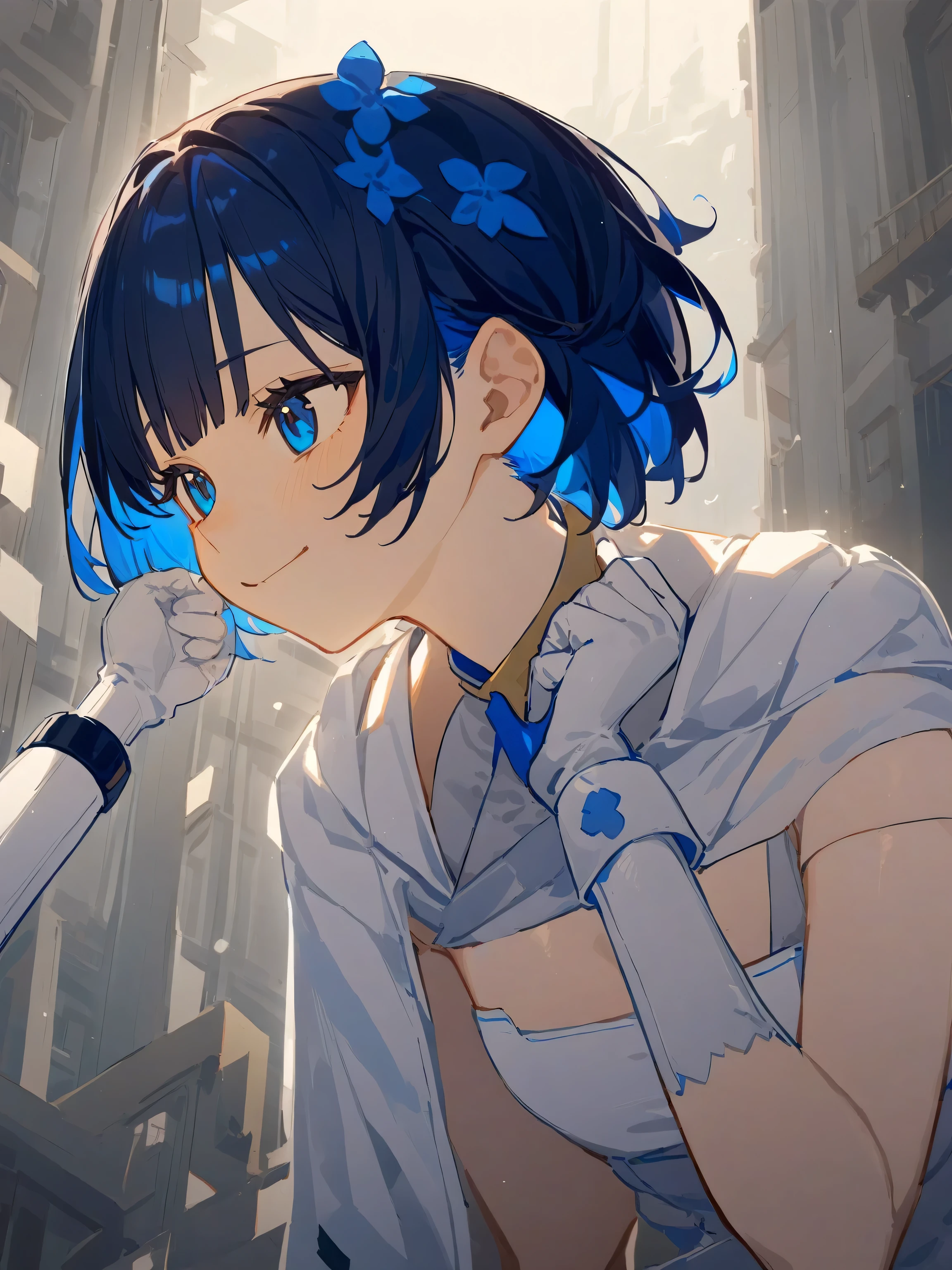 girl with short blue hair in a white cape , white gloves and a bandeau white vest dress