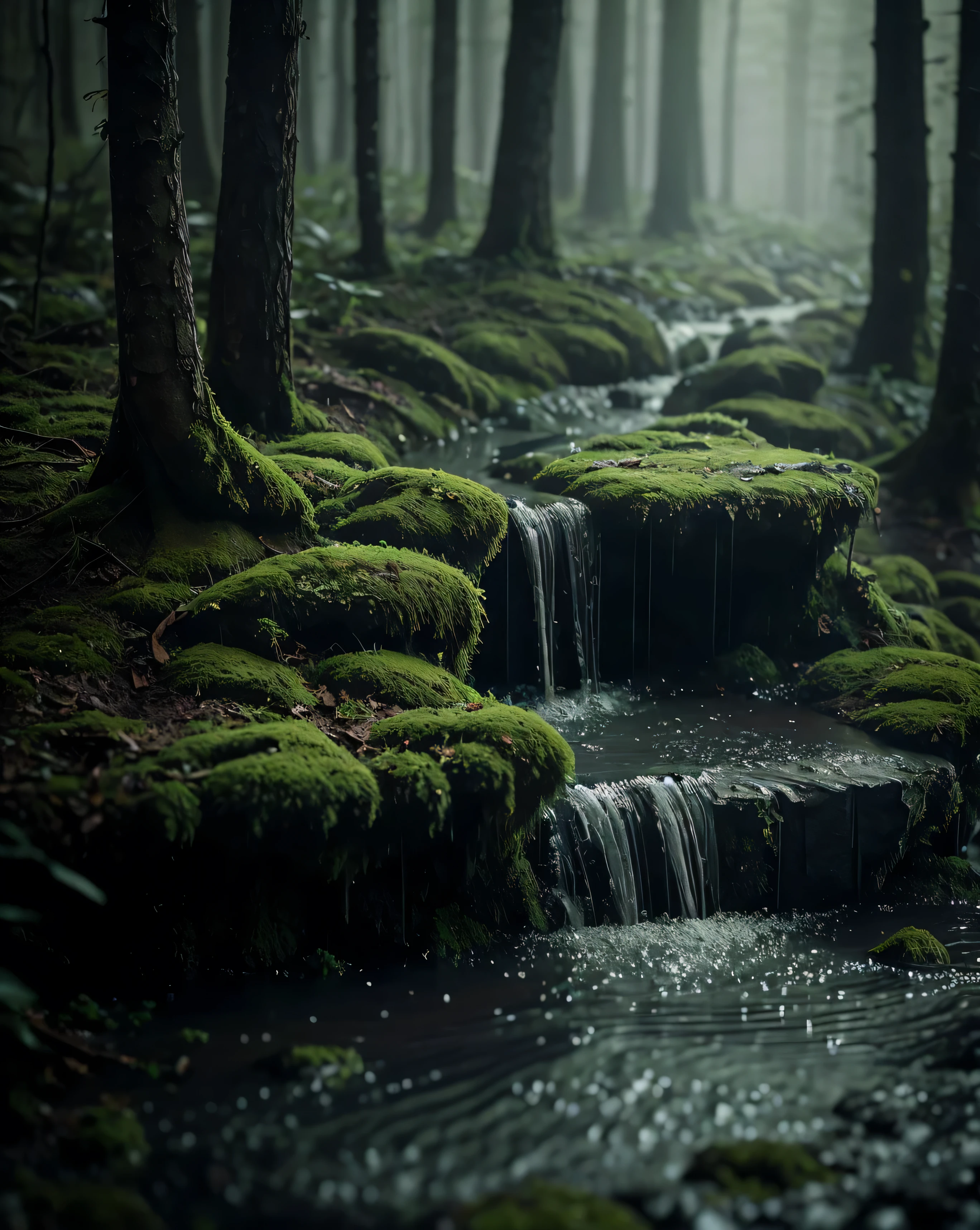  This small forest felt like another world—silence , damp , and covered by a thin mist .  The dim light pierced the crevice of the foliage ,  creating a soft reflection over the stone surface covered in thick moss .  The cold air brought the fresh scent of freshly fallen rain .  The mountain in the distance looked like a faint shadow ,  increasingly blurred among the low clouds hanging .  foreground a little blurry as if inviting to go deeper into the hidden magic of the forest.

