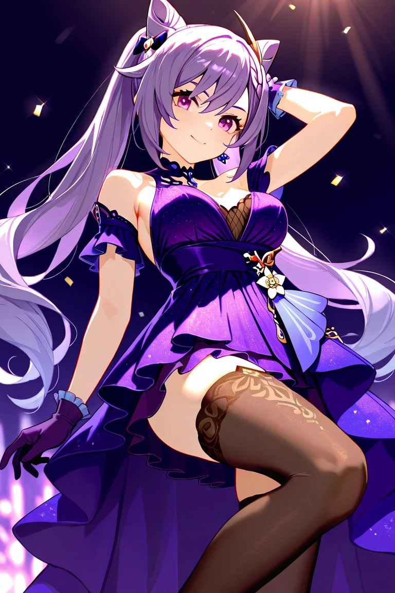 Himari Meimei, masterpiece, Voluptuous thighs, petit body, little young girl, flat chest, {1 Girl}, Cute and ?????? smile, Highly detailed sparkling purple eyes, summer night, fireworks, 困り眉, open legs, legs up, silver grey hair, lying on beach bed, kimono