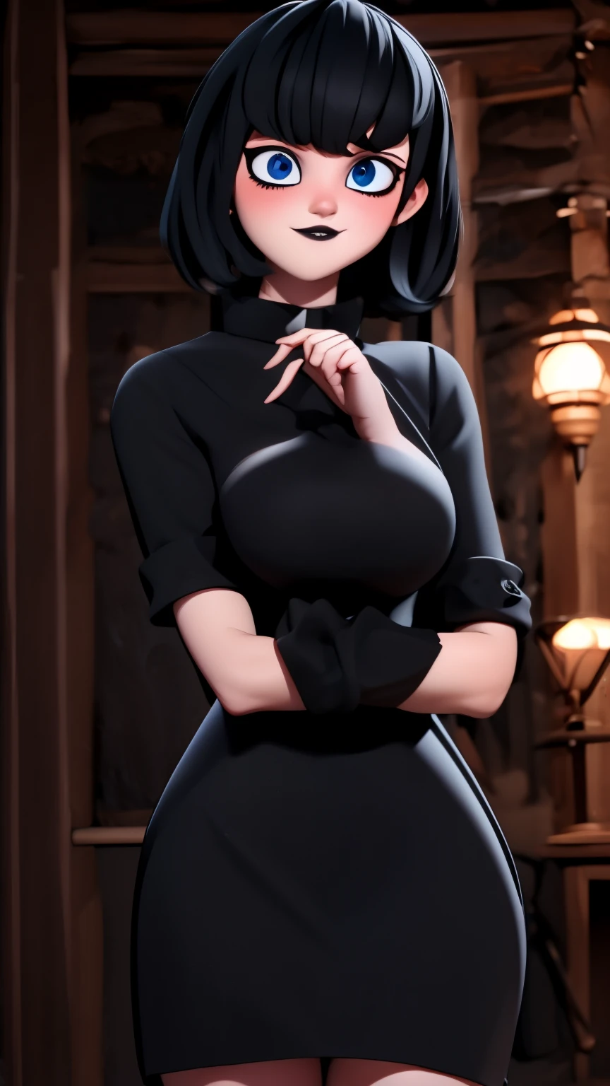 Cheveux courts, robe longue, chiffons noirs, tomboy, cheveux noirs, maquillage, Goth, verre,sein moyen, christian, Croix latine, seul, woods, full clothed, victorian cloths, Jupe longue, marche, portait, corps entier, black lips, smile