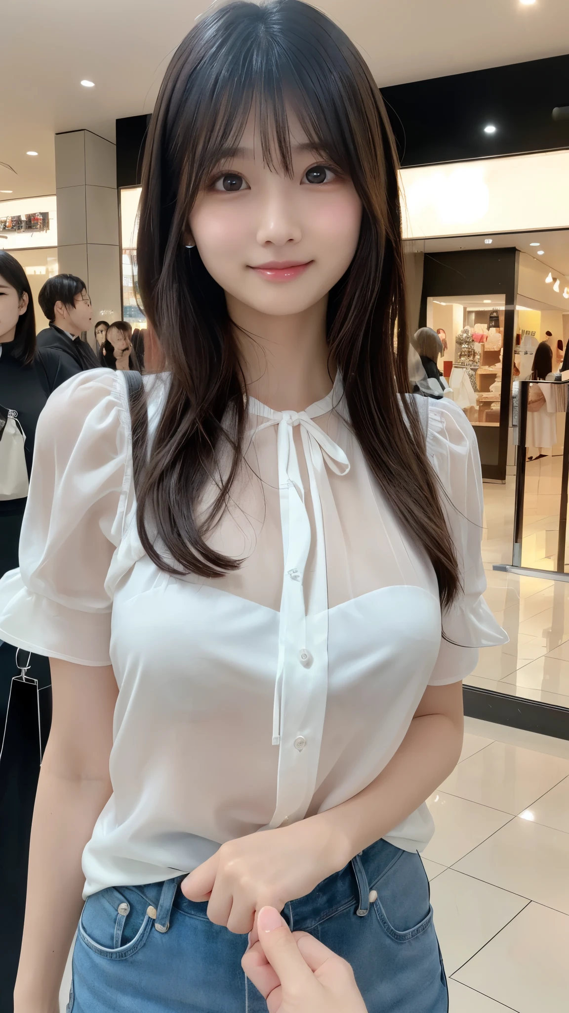 ((best quality, 8K, masterpiece: 1.3)),upper body,Black Hair, black eye,sharp focus: 1.2, beautiful woman with a perfect body: 1.4, ((midiam hair, large: 1.2)), (small and beautiful hard (White long sleeve blouse with lace、Silk Tight darkmagenta long skirt), (wet from rain: 1.2), (rain, street: 1.2), wet body: 1.1, Highly detailed face and skin texture, detailed eyes, double eyelids, White skin,,E cup,smile,Financial district of the big city,Skyscraper,White skin,Wet Hair、Wet Skin、Wet clothes、smile、 