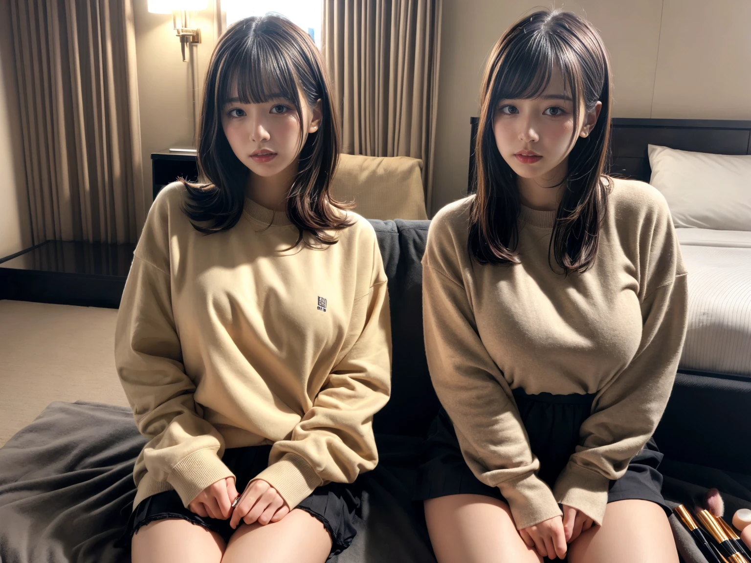 masterpiece, best quality, illustration, Super detailed, fine details, High resolution, 8K,wall paper, perfect dynamic composition,(Details High quality, realistic depiction of eyes:1.3), (2 girls), (Fashionable、Beige oversized sweatshirt、long-sleeve), large breasts,short bob hair, black hair color, Big Natural Color Lip, bold sexy pose, crying a little、Harajuku style、20 year old girl、cute type、lolita、beautiful legs, hotel room, hposing Gravure Idol, woman on top, straddling, sitting)