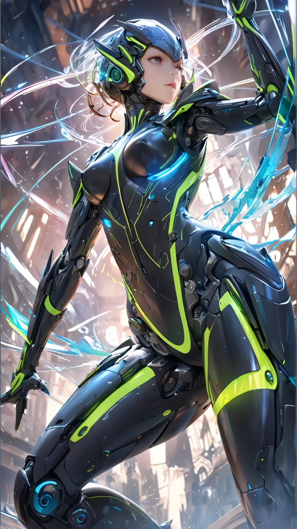 Spider Gwen from Marvel photography, biomechanics, complex robot, golden spider logo, full growth, hyper-realistic, crazy little details, incredibly clean lines, cyberpunk aesthetic, masterpiece featured on Zbrush Central, cyberpunk city backdrop