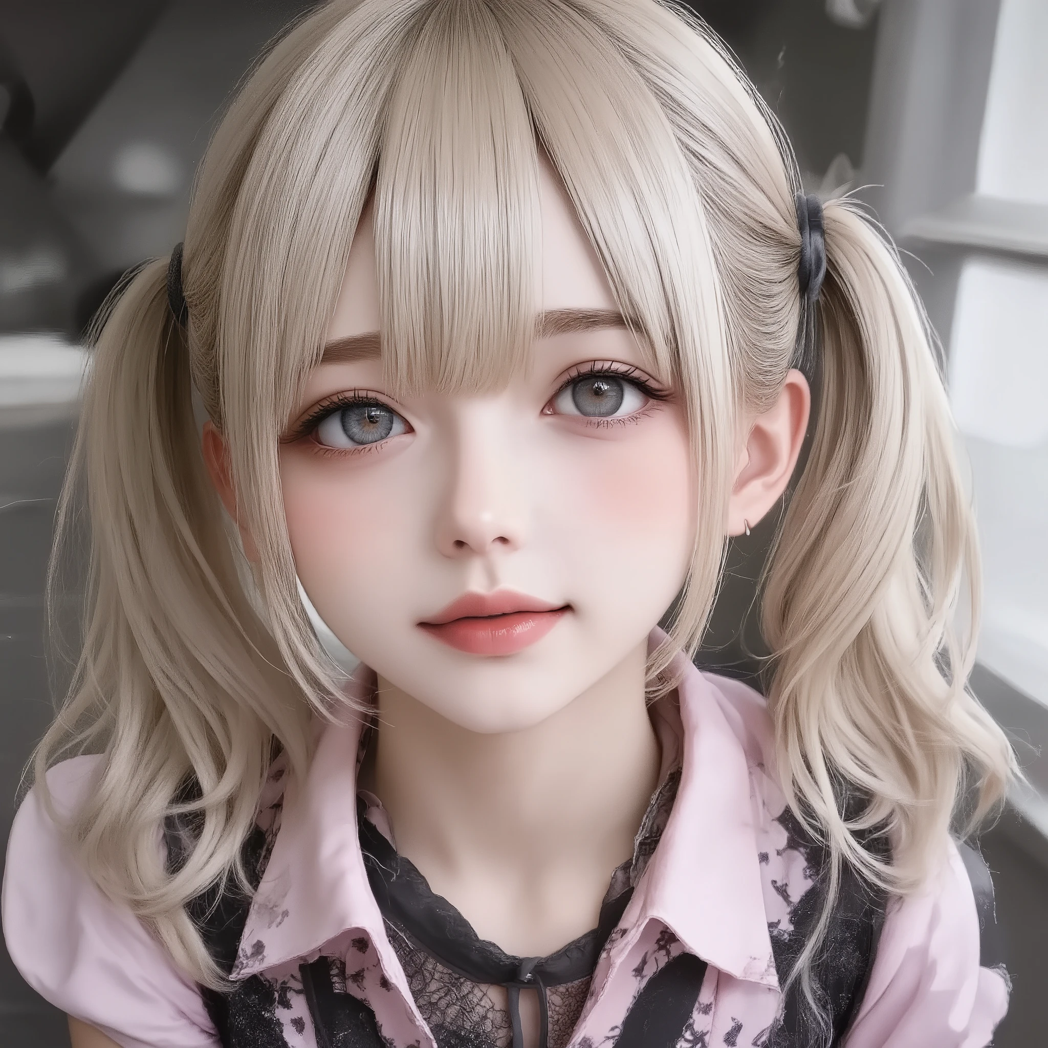 photorealistic, elegant girl, confident pose,hair style\(dark blonde hair,(right-parted bangs,thick curtain bangs:1.5),(high side Thin twin tails:1.2),subtle ends curl hair,face framing hair\),Pink shirt with black lace braided at the collar,stylish and sophisticated atmosphere, delicate earrings, gentle smile, fashionable style,((face close up)),best quality, clean and bright composition