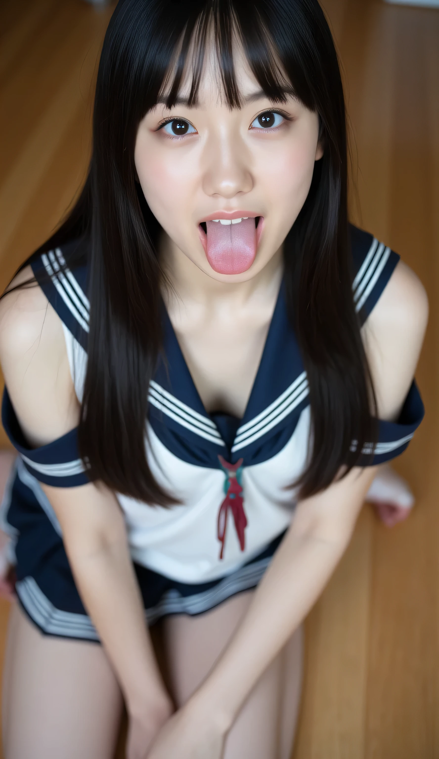 girl, dark hair, long hair, Open your mouth wide and stick your tongue out, Accurate eye expression, Accurate facial expressions, masterpiece, super resolution , Very detailed, in detail, Detailed eye expressions, best quality, realistic, ( 1 woman), porcelain skin, Accurate gaze expression, Accurate expression of the eyes, looks at the viewer with both eyes, ((Wearing a stripped white sailor suit)), (( clothes wearing the white sailor suit came off, exposing the shoulders )), shoulder exposure , ( and the clothes came off, exposing the sternum), (Breast Exposure), Brezier exposure, Sit on your knees, When a camera wearing a navy off-shoulder top looks down at the target from above , (short skirt skirt), (Slim thighs exposed), ((black bed background)) picture, masterpiece, 最 High Quality ,16k,8k, beautiful, get used to it , exquisite,extremely get used to it , finely get used to it , High Quality , insanely get used to it , ultra get used to it , super resolution , 超 High Quality , beautiful face, japan , 여성의 얼굴 picture으로 칠해졌습니다. 、( sharp focus ), Below, ( Kneeling and looking up :1.10), (( Open your mouth:1.6)), ( and stuck out her tongue ), (Ultra-detailed beautiful faces:1.10), (Ultra-detailed beautiful slim body:1.9), ( Super Detailed Beautiful japan Beauty Female Idols:1.7), picture 속 두 손을 뒤로 한 여성의 모습을 보여줍니다, camera sitting on the ground . Almost no makeup . (( Her expression is expressionless )) . The background is a wooden floor 、 picture에 따뜻한 색감을 줍니다 . 증명picture, picture,