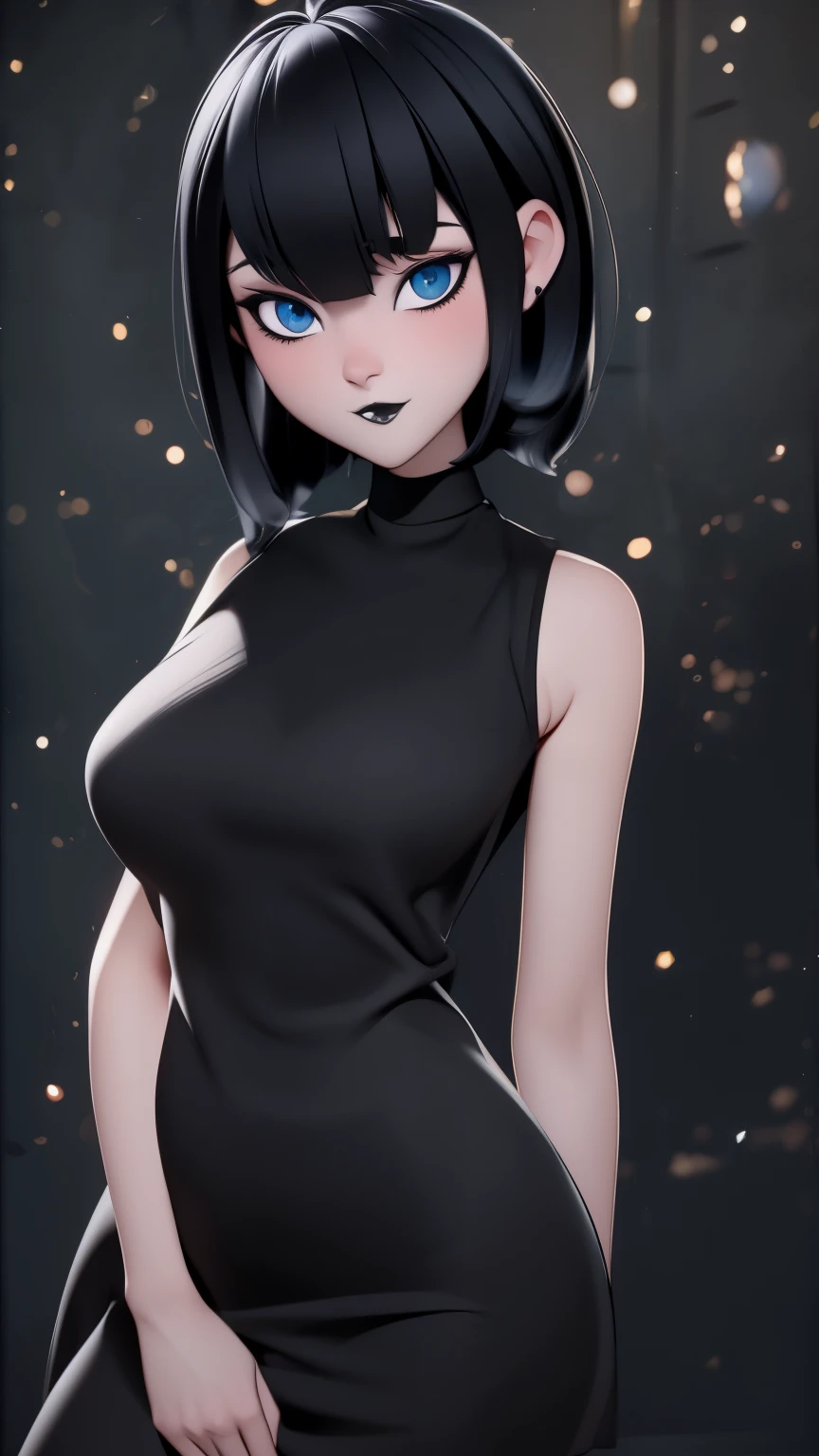 (best quality:1.4),(shiny skin), body focus, (cute face), (((best quality))), illustration, ((Beautiful Finger)), , Beautiful body, Beautiful character design, ,perfect lighting, Colorful, Bright_Front_face_Lighting, ultra high res, highres, absurdres:1.2, bokeh:1.2, lens flare, (vibrant_color:1.2), (thick thighs:1.1), THICK, Black hair with bangs, pale skin, large round blue eyes, black eyeliner, black lipstick, neutral expression, brown sleeveless dress