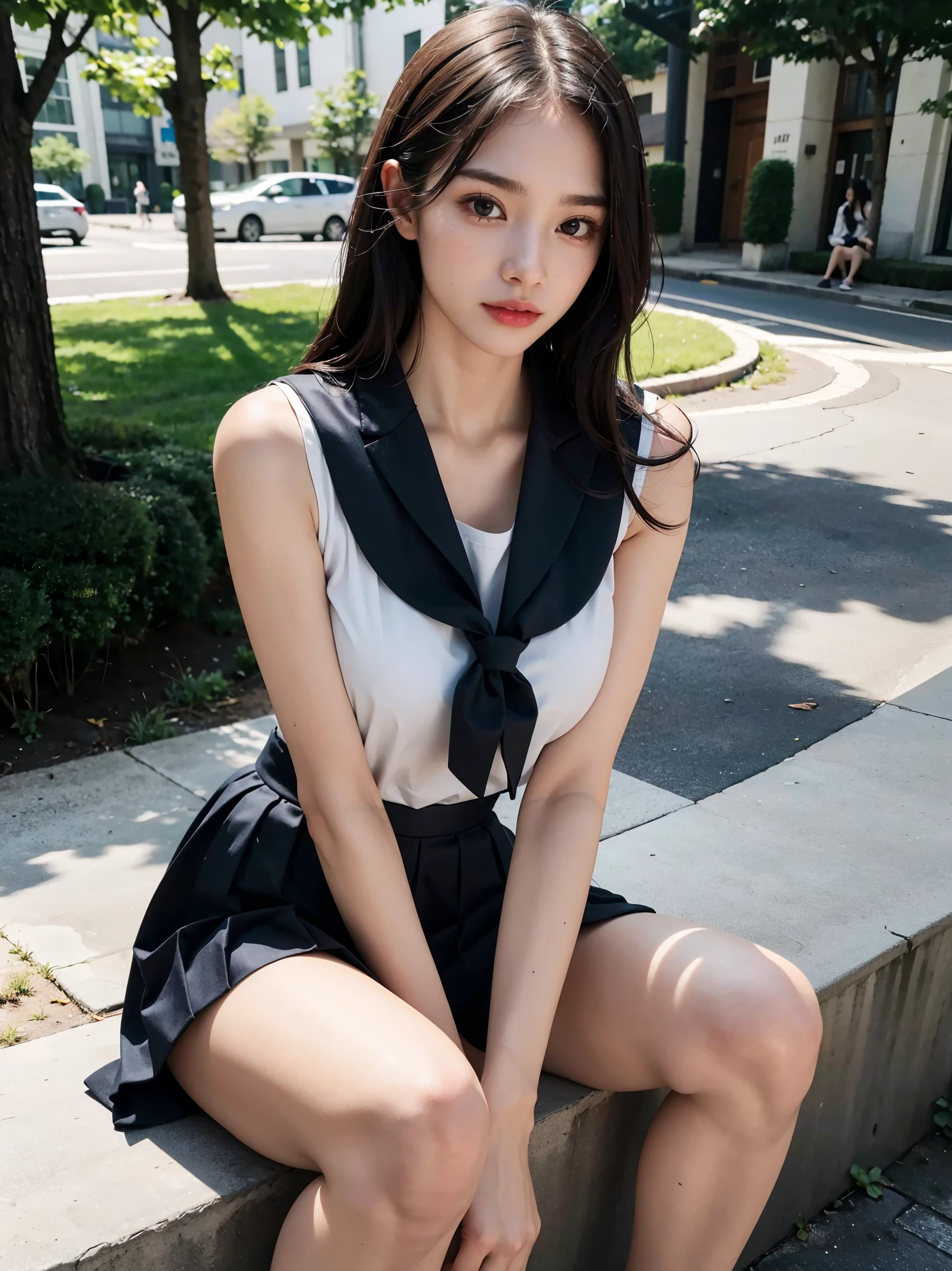 absurderes, Raw photo, Extremely delicate and beautiful, masutepiece, Best Quality, Ultra High Resolution, 16 K, hyper realisitic, Ultra-detailed, (Perfect Anatomy), super detailed skin, Perfect figure, Very detailed CG 8k wallpaper, in her 20s, Very slim body, Narrow waist, Very small head, Very small face, Delicate facial features, tear moles, Mole on chest, Earring, thin legs, (very massive round chest), ((3 girls)), Full body shot, Short hair, Wavy Hair, ((School uniform)), Sleeveless, Navel, cleavage, plein air,