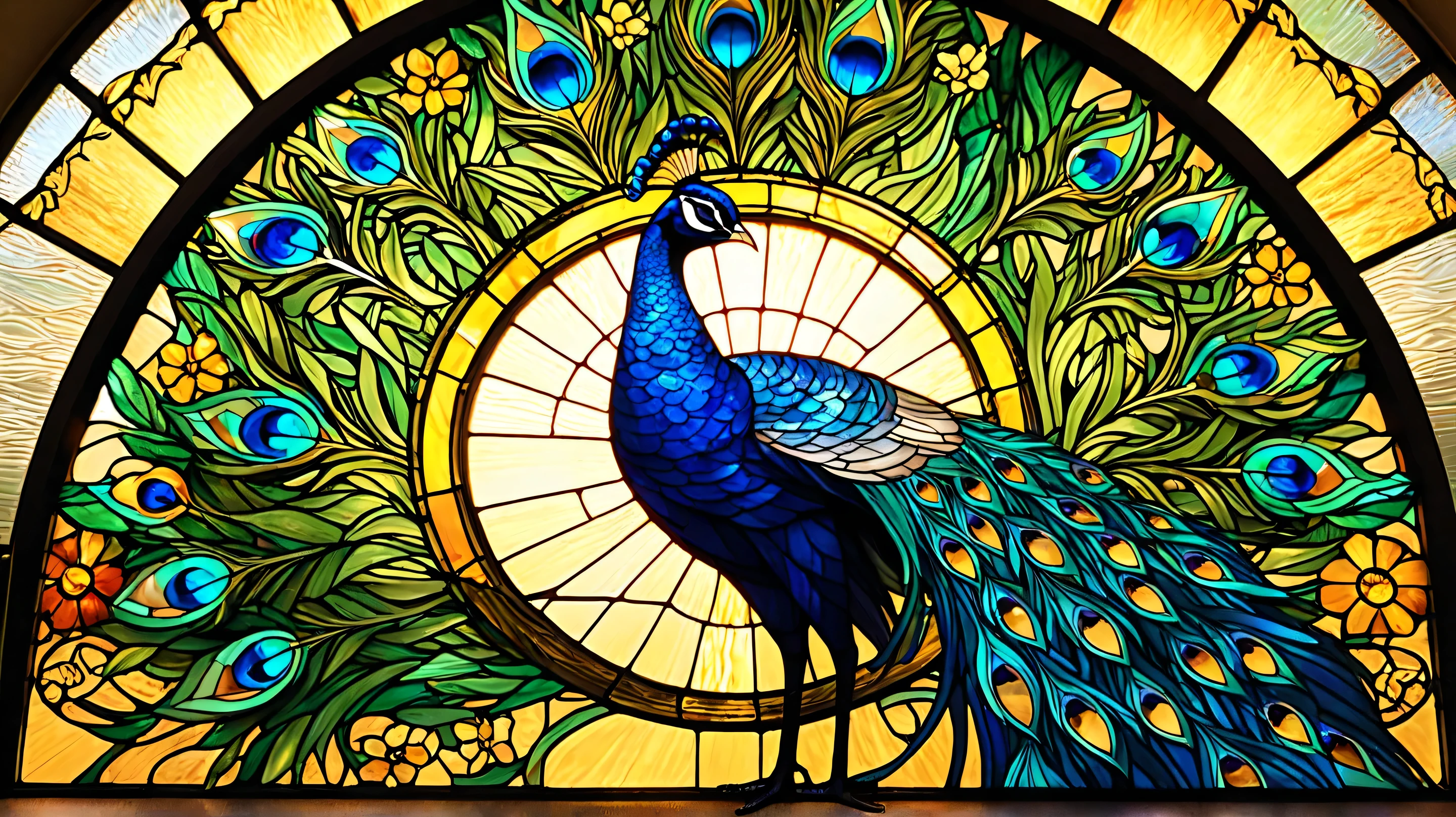 Beautiful stained glass-style art. In the center is a majestic blue peacock, with fine feather details expressed in the texture of glass. The peacock's long tail feathers are marked with bright green, blue, and gold eyeballs. In the background, a golden light spreads out like the morning sun shines through, and colorful flowers and lush plants are elegantly arranged around it. The overall design is in the style of classic stained glass, separated by fine lead lines, and is beautifully expressed in a way that reflects light. The overall color is crystal