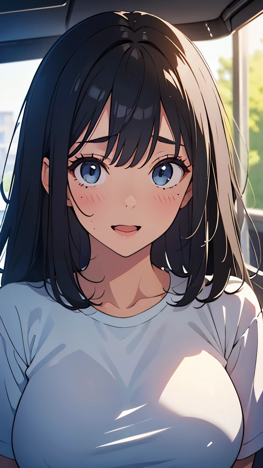 ( Masterpiece:1.6),(Best quality 1.6), (Ultra High Resolution 1.2, Expiration Ratio,( with dark hair:1), ( black hair:1),( beautiful big breasts:1.4), ( beautiful woman:1.4),( medium hair :1.2), moles around the mouth,(:1.2),( sexual ecstasy face:1.4) ,( excited:1.4),( embarrassing:1.4),(Squint your eyes:1.4), ( sweated:1.2),( white t-shirt ),( Upper Body Shots :1.3), Shoot from the front ,close-up, ( viewers:1)