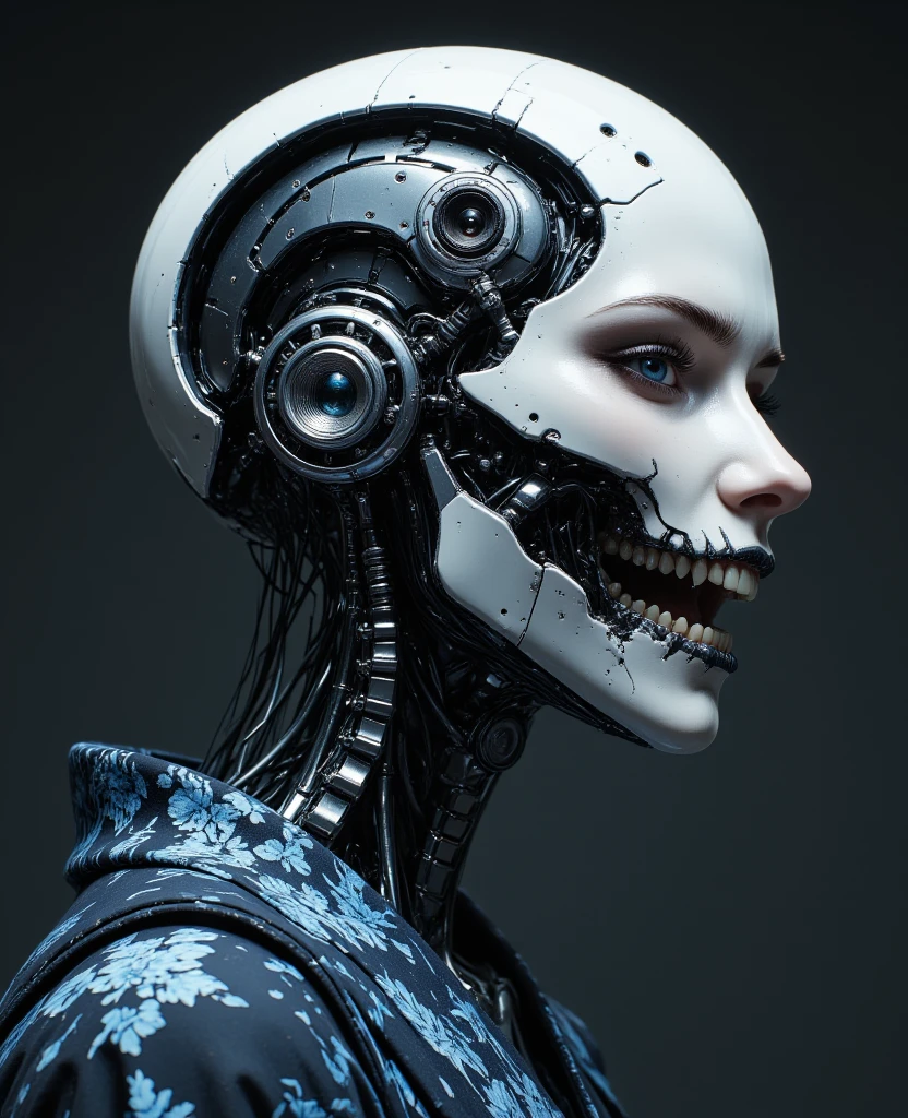 A detailed portrait of a cyborg woman in profile, her face partially exposed, under the skin, the exoskeleton of the skull and cervical spine is visible. The connections of incredibly complex micromotors and servos responsible for the movements of facial muscles and the expression of emotions are visible with the bones and muscles of the skull. She has a ferocious expression on her face, and her teeth are bared, the whole lower jaw is a continuous symbiosis of organics with mechanics. She is dressed in dark, ornate kimono-style clothing. The background is simple, dark gray. High detail, 8k resolution, cinematic lighting, hyperrealism - all this is trending on artstation