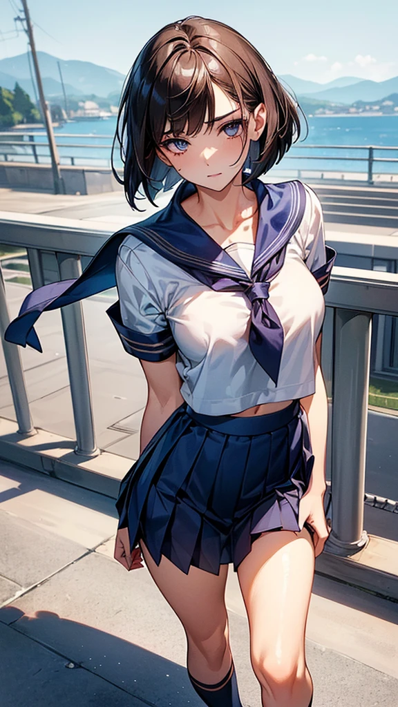 NSFW、Big Breasts、boyish、（Navy blue micro mini skirt、Navy Pleated Skirt、White mesh panties、Sailor suit summer uniform、Short sleeve、Yellow tie、White Short Socks）、独奏、Women&#39;s High生、Arms folded behind back、Spreading her legs:1.5、(Black Hair、Very Short Hair、boyishカット)、Crouch、Women&#39;s High、classroom