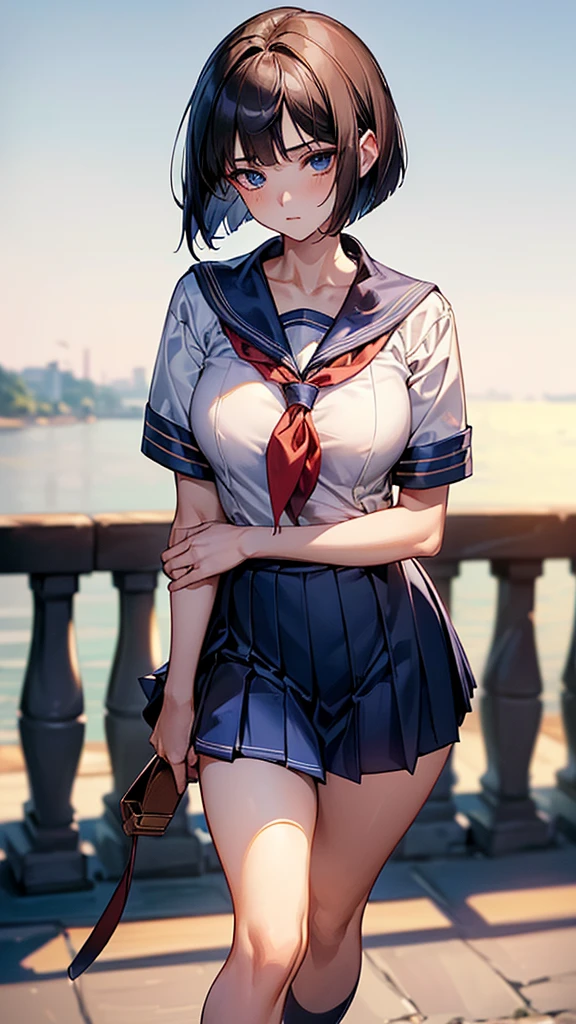glamour photo of official art, a gorgeous girl, (cowboy shot:1.2), (view from below:1.2), (8k, RAW photo, best quality, depth of field, ultra high res:1.2), (absurdres, intricate, photorealistic, masterpiece, ultra-detailed:1.3, amazing scene lighting, Bright_Front_face_Lighting), shot at eye level, photography on a Fujifilm X-T4 with a 50mm lens, indoor, modelstyle photography setting, A bustling craft beer brewery, featuring sleek, stainless steel equipment and modern bar seating,
<lora:ostris_HDhelper_v10:0.1>, <lora:ostris_detailSlider_v40:2>, <lora:envy_betterhands_beta2:1.5>, (pale skin, detailed skin:1.3, Glossy skin + Shiny skin:1.1), hair ornament, exquisite earrings, necklace, lace trim choker, gigantic breasts, skinny body, fit body, slim, narrow waist, slim legs, long legs, pantyhose, oxfords platform heels,
<lora:xphg_jujutsuKaisen_rikoAmanai_v10:0.6>, Riko Amanai, blue hair, long straight hair, white hairband, school uniform, serafuku, blue pleaded skirt, (blush, evil smiling, perfect female anatomy, super beautiful, elegant, sexy, detailed beautiful face, nice figure, nice proportions, sexy stunning body), Leaning against an old stone bridge, she gazes pensively into the rippling waters below,