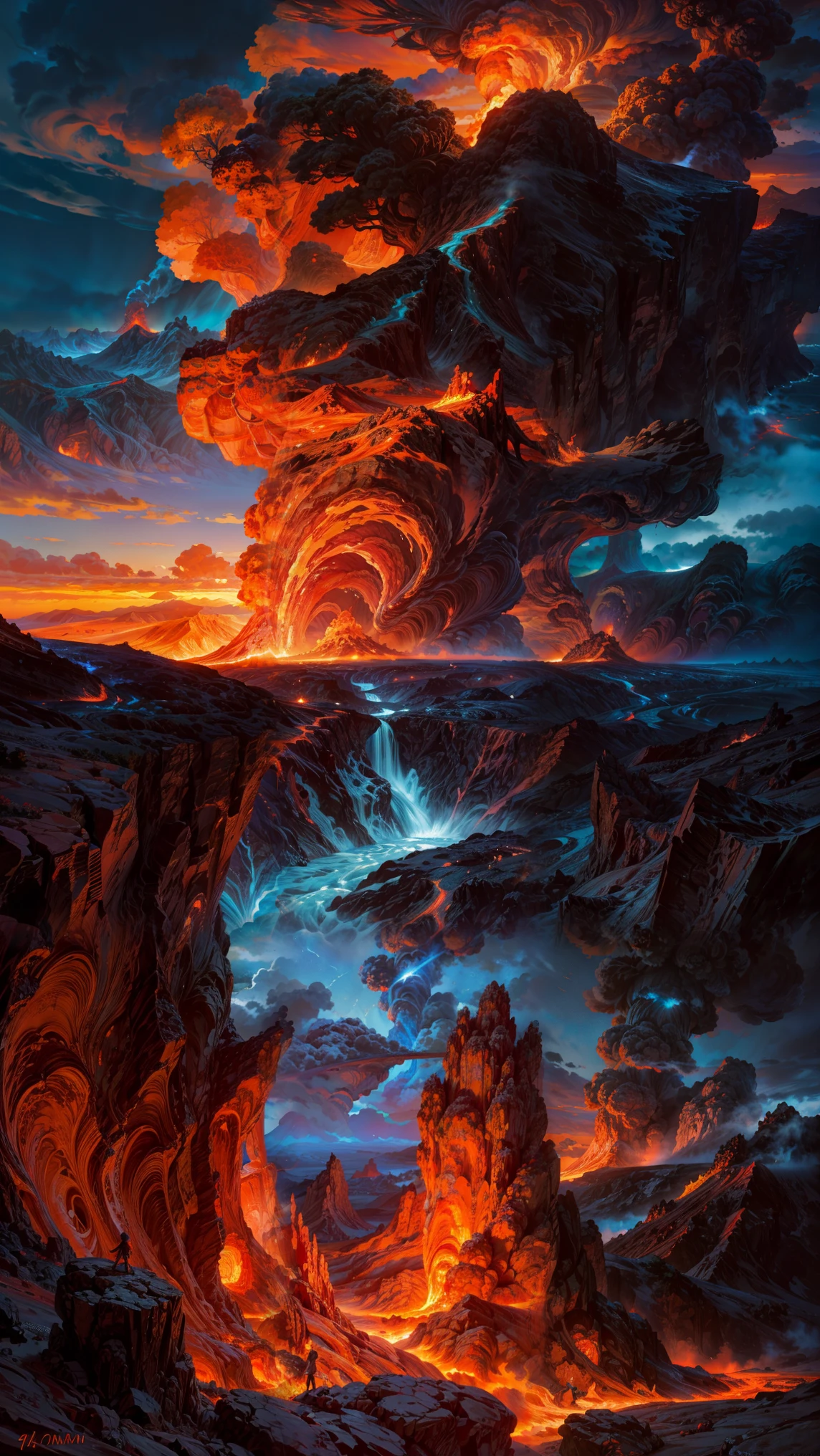 (best quality,4k,8k,highres,masterpiece:1.2), ultra detailed, (realistic,photorealistic,photo-realistic:1.37), HDR,UHD,studio lighting,ultra-fine painting,sharp focus,physically-based rendering,extreme detail description,professional,vivid colors,bokeh,landscape,volcanic island,giant volcano,front view,smoke rising up to the sky,magma raging,teeming with fiery details,crimson lava flowing,fiery glow illuminating the surroundings,ominous atmosphere,seas of molten rock,steaming vents and fumaroles,striking contrast between the fiery volcano and the serene landscape,awe-inspiring spectacle,stormy clouds swirling above,lucent colors of the sunset casting a vibrant hue,sublime beauty of the natural world,breath-taking vista stretching into the horizon,dangerously beautiful scenery,overwhelming sense of power and majesty,evocative scene begging to be captured in paint or photograph,mesmerizing display of nature's raw energy.