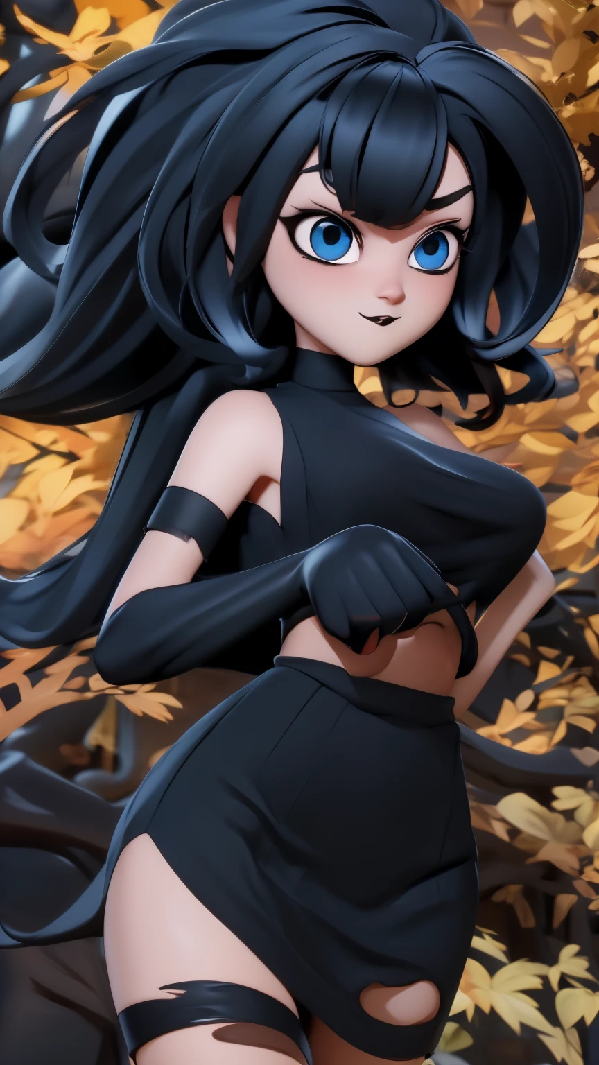 (best quality:1.4),(shiny skin), body focus, (cute face), (((best quality))), illustration, ((Beautiful Finger)), , Beautiful body, Beautiful character design, ,perfect lighting, Colorful, Bright_Front_face_Lighting, ultra high res, highres, absurdres:1.2, bokeh:1.2, lens flare, (vibrant_color:1.2), (thick thighs:1.1), THICK, Black hair with bangs, pale skin, large round blue eyes, black eyeliner, black lipstick, neutral expression, brown sleeveless dress
