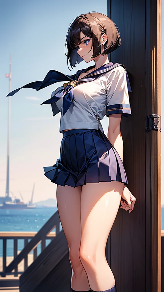(8k,Realistic, Tabletop, Highest quality, RAW Photos:1.3)、One Girl, 18-year-old,alone,high school girl, Long Hair, Brown Hair, Beautiful face in every detail, Attractive face, (Beautiful brown eyes in every detail:1.2), Medium chest,(Underbust:1.0),(Covered nipples:0.99),(Loose Sailor Uniform :1.35), ( Slim beauty with perfect body: 1.4),( Seductive Pose:1.3), (View your viewers, Front view,Eyes focus:1.2), Detailed Background, (sunset:1.2), classroom,Fine details, Intricate details, Ray Tracing, Depth of written boundary, Captivating smile,classroom,