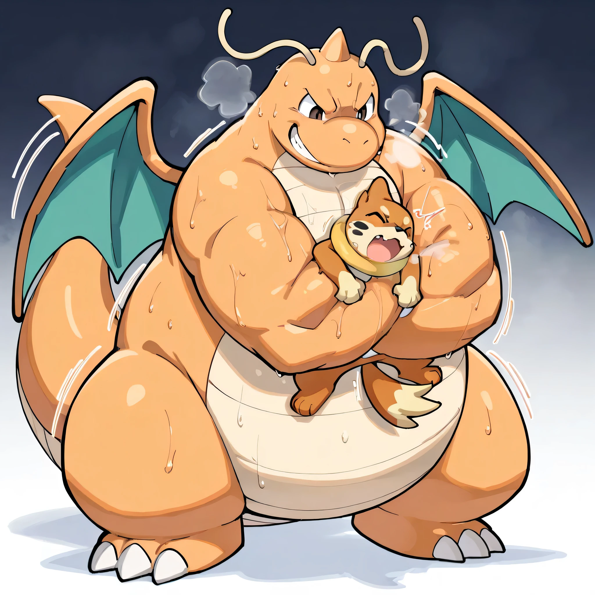 4k ultra quality, 4k full body view,masterpiece quality, large dragonite, small buizel, wrestling, bearhug, choke_hold,(dragonite is giant bulky fat, very large body, open eyes, evil grin, carrying person, hold up, arched back, sweaty, steamy breath, fatty arm, tighten arm, choking with arm, behind buizel), (buizel is very small build, young, pain, close eyes, open mouth, head between arms), face each other, motion blur, motion line, break, from front