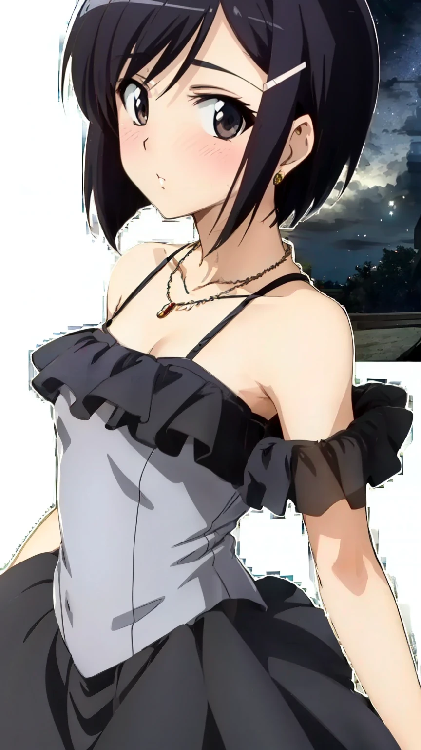 (Top quality, masterpiece, 8k), (anime coloring), very detailed, perfect face, beautiful eyes, perfect eyes, detailed eyes, feature large highlight, detailed face, ultra-detailed, detailed eyes, symmetrical eyes, (dynamic angle), sharp details, tomoe, black hair, black brown eyes, (short:1.3), (small breasts), short hair, hairclip, healthy skin, slim, slim body, (nffsw), (dress, frill, riered skirt, necklace, jewelry, night sky, blush), (cowboy shot:1.4), looking at the viewer, in the center of the image