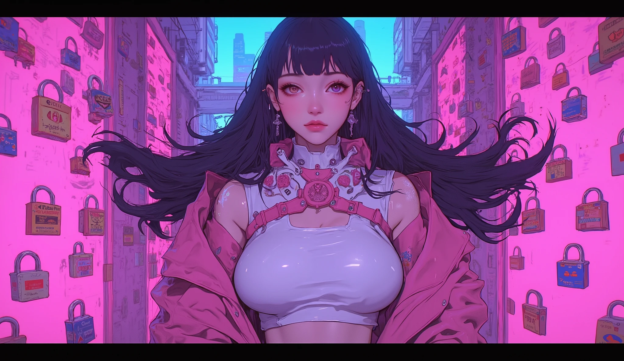 Anime girl with long black hair and a pink jacket - SeaArt AI