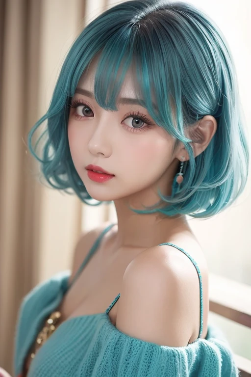 female idol、nude lip gloss、smiling face、cat-eye makeup、(((face closeup)))、shiny very large earrings(neon cyan)、shiny very large necklace(neon cyan)、(shiny glossy latex brazilian string bra(neon cyan))、(shiny glossy latex brazilian string tanga(neon cyan))、clutch(neon cyan)、((colorful short hair(neon cyan)))、long white fluffy fur coat with white fluffy fur(bright white)、conceptual art, High quality, Realistic, extremely detailed CG unified 8k wallpaper, highly detailed, High-definition raw color photos, professional photography, Cinematic Light, Beautiful detailed, Super Detail, high detail, (((Bokeh))), depth of fields, illumination, Neon Street, Super stylish lighting