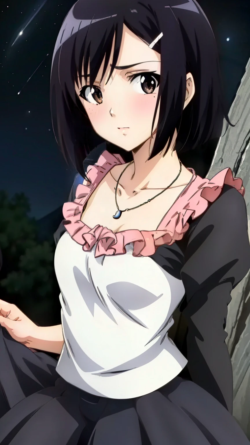 (Top quality, masterpiece, 8k), (anime coloring), very detailed, perfect face, beautiful eyes, perfect eyes, detailed eyes, feature large highlight, detailed face, ultra-detailed, detailed eyes, symmetrical eyes, (dynamic angle), sharp details, tomoe, black hair, black brown eyes, (short:1.3), (small breasts), short hair, hairclip, healthy skin, slim, slim body, (nffsw), (dress, tiered skirt, frills, collarbone, necklace, jewelry, night sky, blush), (cowboy shot:1.4), looking at the viewer, in the center of the image
