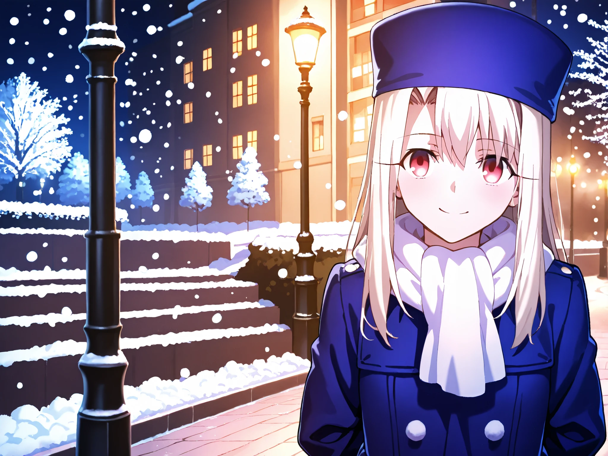 1girl, solo, Illyasviel von Einzbern, fate stay night, blue coats, blue hat,  smile,  walks at night in the park, hands behind his back, lamppost, It's winter, it's snowing,  white scarf, 