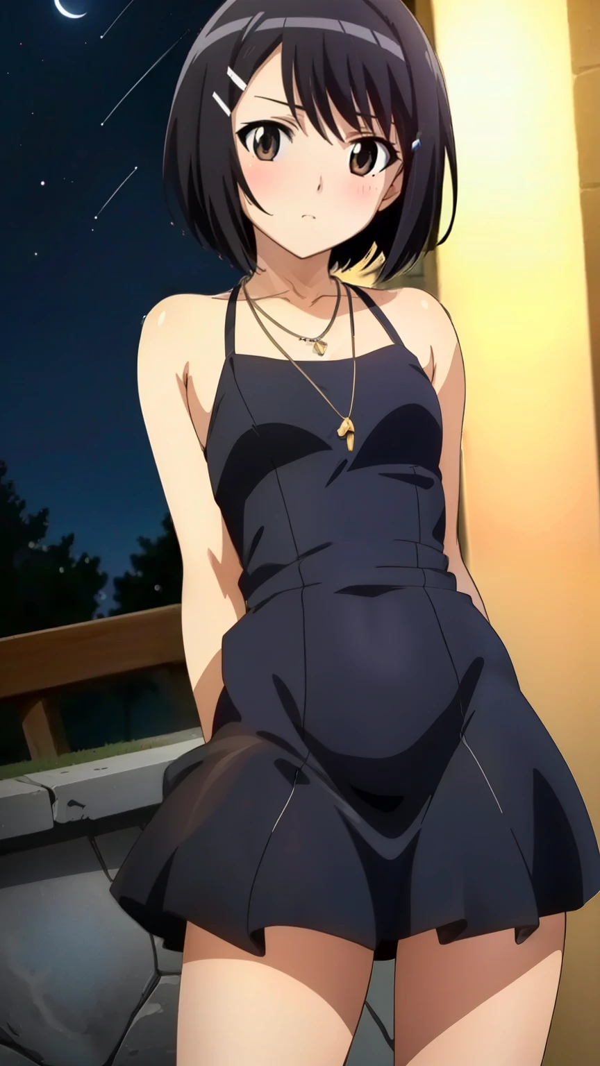 (Top quality, masterpiece, 8k), (anime coloring), very detailed, perfect face, beautiful eyes, perfect eyes, detailed eyes, feature large highlight, detailed face, ultra-detailed, detailed eyes, symmetrical eyes, (dynamic angle), sharp details, tomoe, black hair, black brown eyes, beautiful legs, (short:1.3), (small breasts), short hair, hairclip, healthy skin, slim, slim body, (nffsw), (dress, thighs, necklace, jewelry, night sky, blush), (cowboy shot:1.4), looking at the viewer, in the center of the image