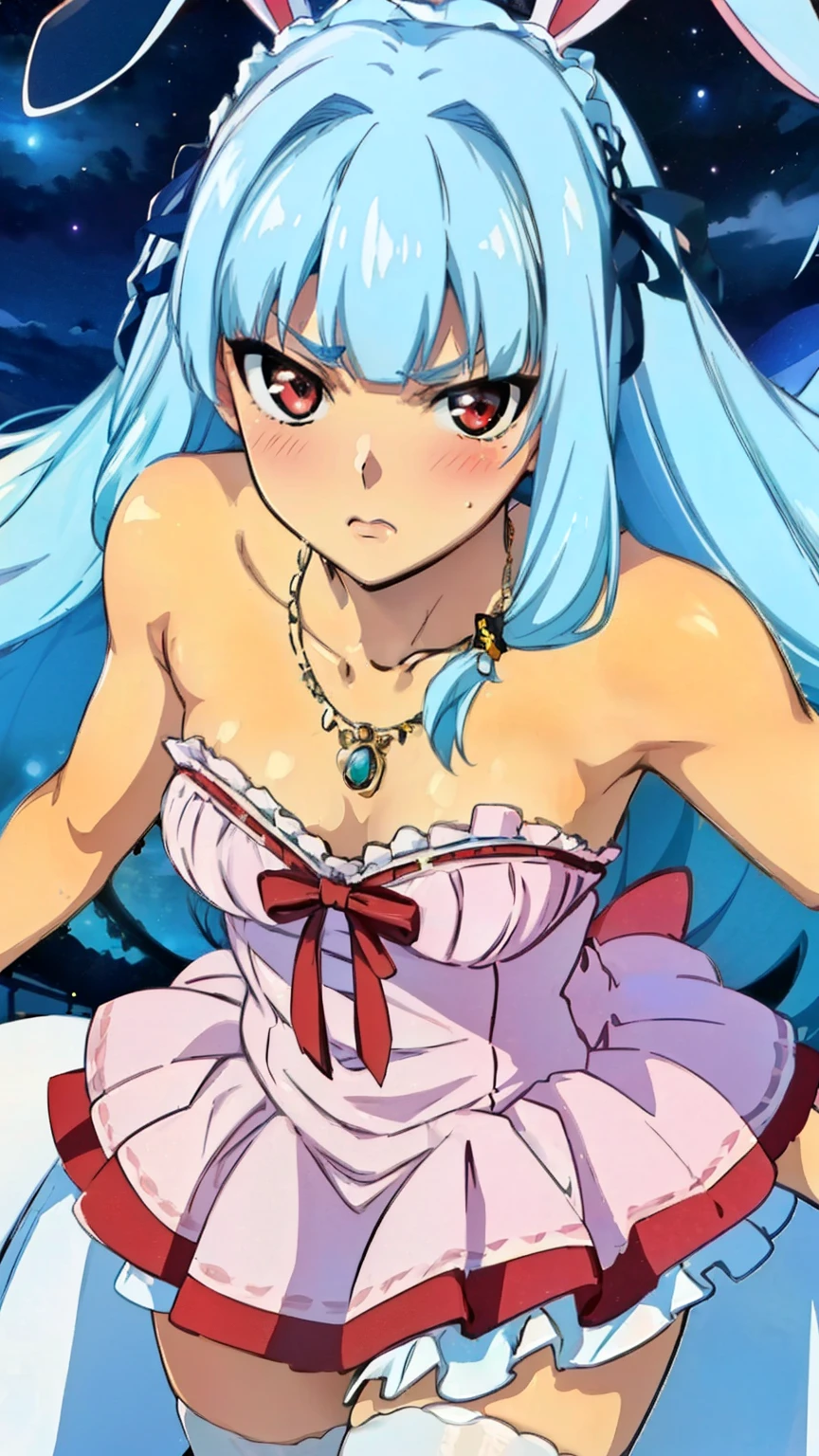 (Top quality, masterpiece, 8k), (Realistic skin texture), (anime coloring), very detailed, perfect hair style, beautiful eyes, perfect eyes, detailed eyes, perfect eyebrows, perfect face, detailed face, perfect hairstyle, ultra-detailed, detailed eyes, symmetrical eyes, (dynamic angle), sharp details, oboro,1 girl, (ta:1.6), silver hair, long hair, (((slim body))), (small breast), (thin thighs), (((short stature))), red eyes, (bad mood:1.3), beautiful eyes, hair cuffs, hair accessories, hair flaps, bunny ears, blunt bangs, solo, (nffsw), ((dress, tiered skirt, frills, collarbone, necklace, jewelry, night sky, blush)), (cowboy shot:1.4), looking at the viewer, in the center of the image, sexy poses, dynamic angles,