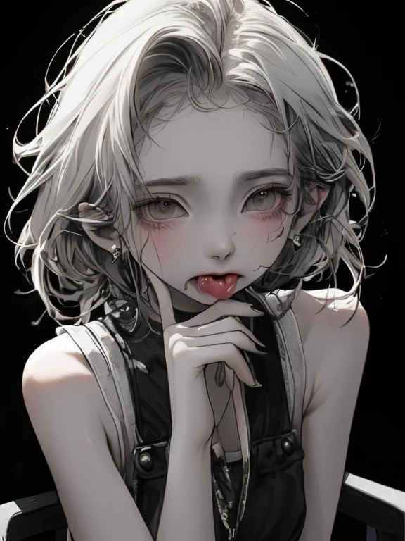 Masterpiece, best quality, high quality, ultra detailed, 1girl, looking at viewer, white hair, gray eyes, black lipstick, black shirt, sitting on a white floor, demon girl, gothcore, 1 3 - year - old, goth girl, japanese gothic, gothic punk style, black metal style, hands on head,.yurikiss、Girl kissing girl、red eyes、