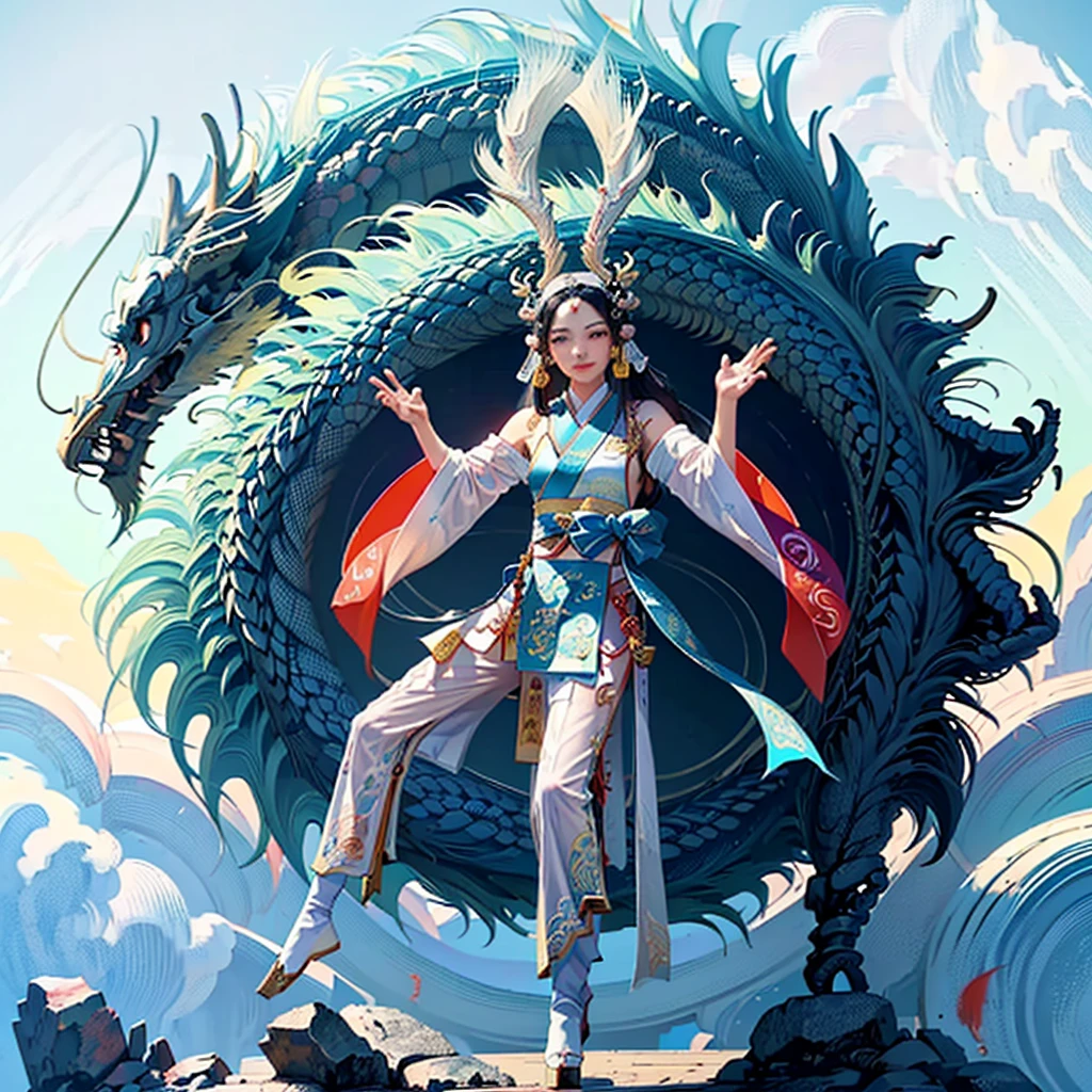 Eight-year-old boy,Dragon horns with Chinese dragons,Amber pupils,Dressed in gorgeous Hanfu,lovly,length hair,Barefoot,At this time, it was watched by a group of people,The boy's face was slightly shy and uneasy
