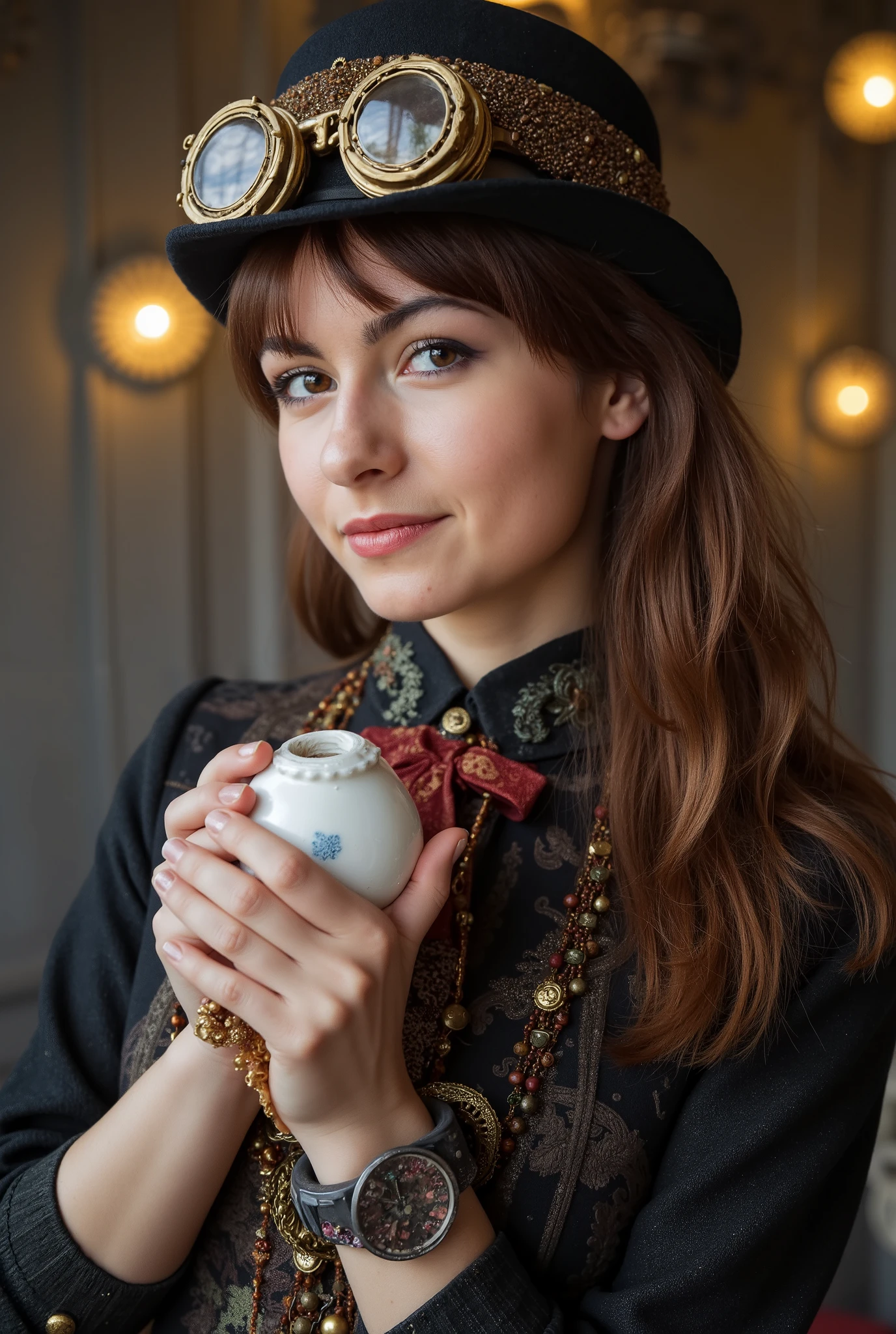 Здесь женщина в шляпе в стиле steampunk держит кружку пива.., steampunk, usando trajes steampunk, steampunk inventor girl , (steampunk), ( steampunk ), стиль steampunk, steam punk , steampunk Fiction, steampunk эстетика, uma deusa steampunk bonita, красивая женщина-аниме в стиле steampunk, steampunk, fantasia steampunk, стиль фэнтези steampunk, арт steampunk, арте цифровой steampunk, roupas steampunk, smile,