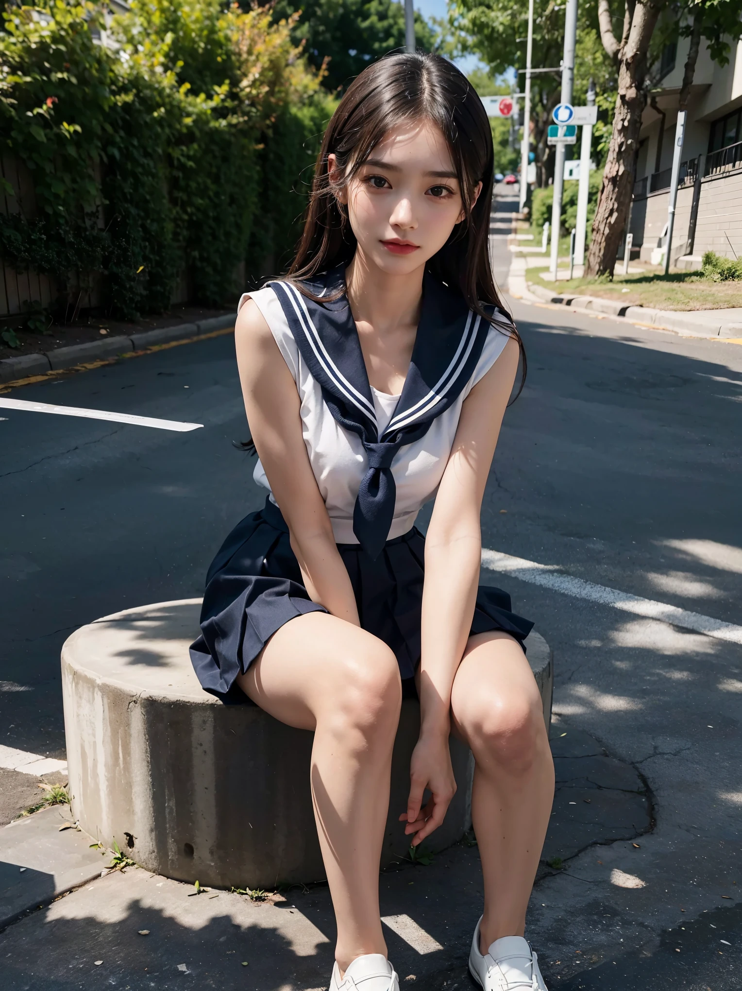 Wearing a white sailor uniform with a blue stripe on the collar and a light gray skirt，A pair of lacy black socks tightly wrapped around the even calves and feet，wearing brown shoes